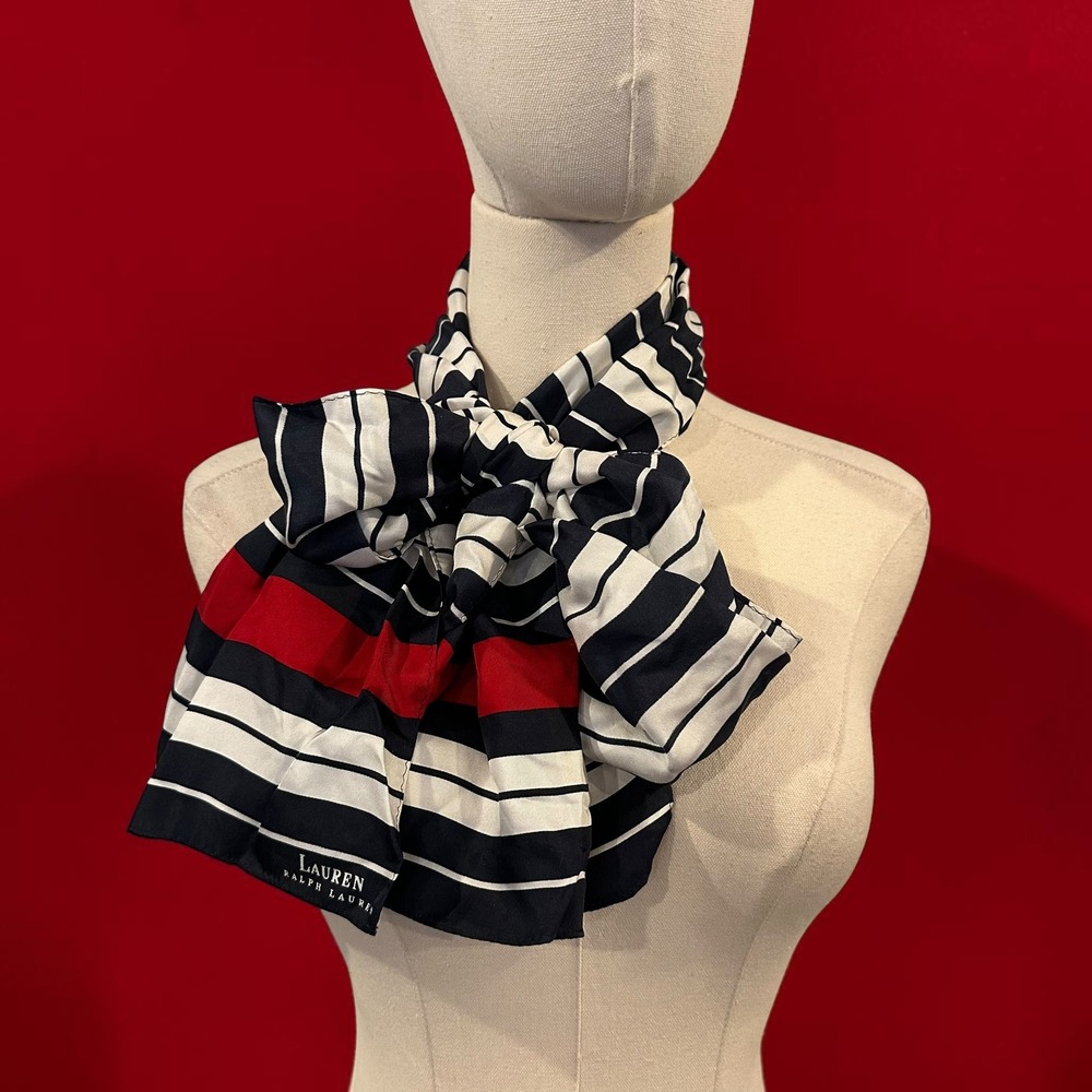 LAUREN RALPH LAUREN Silk Scarf Long Navy Red Stripe Nautical Preppy Old Money